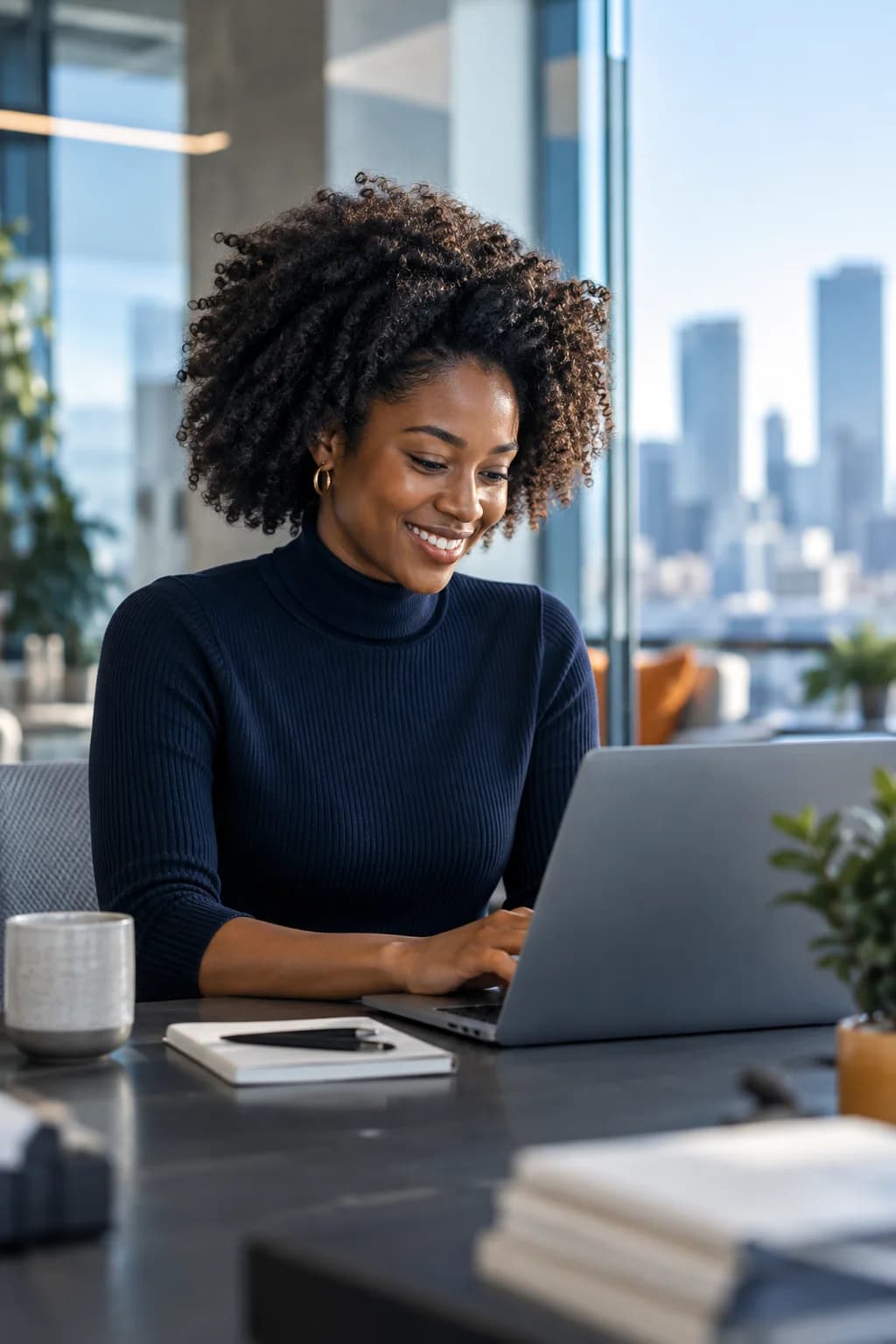 A young Black technology professional working happily in a modern office