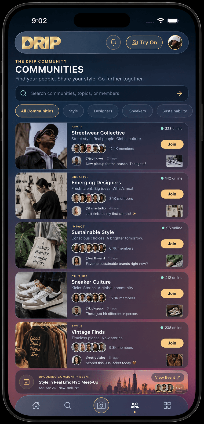 DRIP communities app screen
