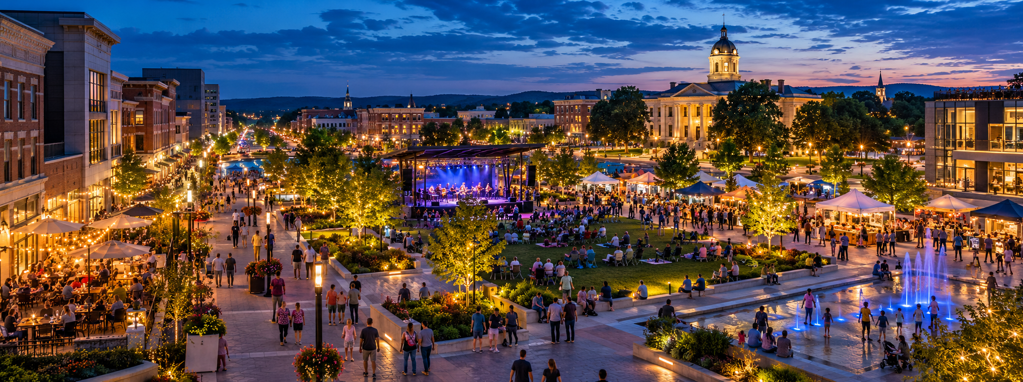 A lively community event in a civic downtown plaza