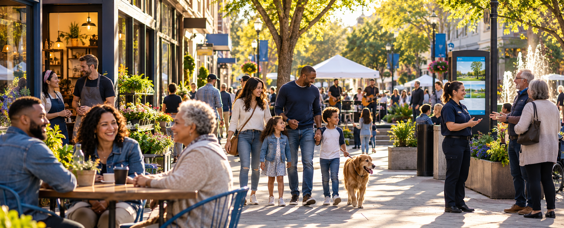 People of different ages enjoying a connected downtown community