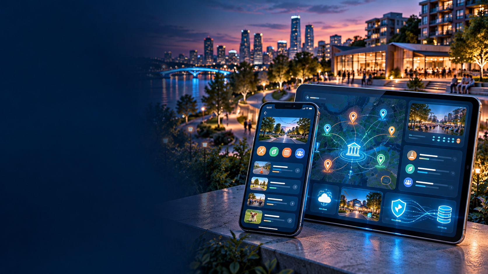Community platform displayed across mobile and tablet devices