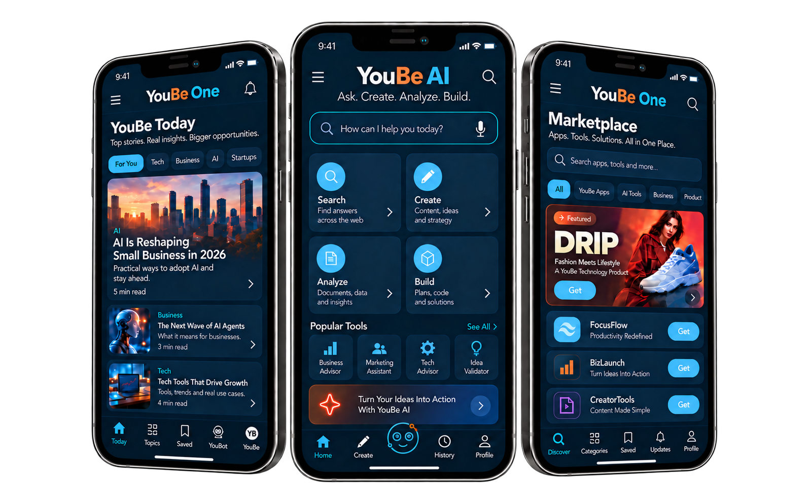 YouBe One app shown across YouBe Today, YouBe AI, and Marketplace experiences